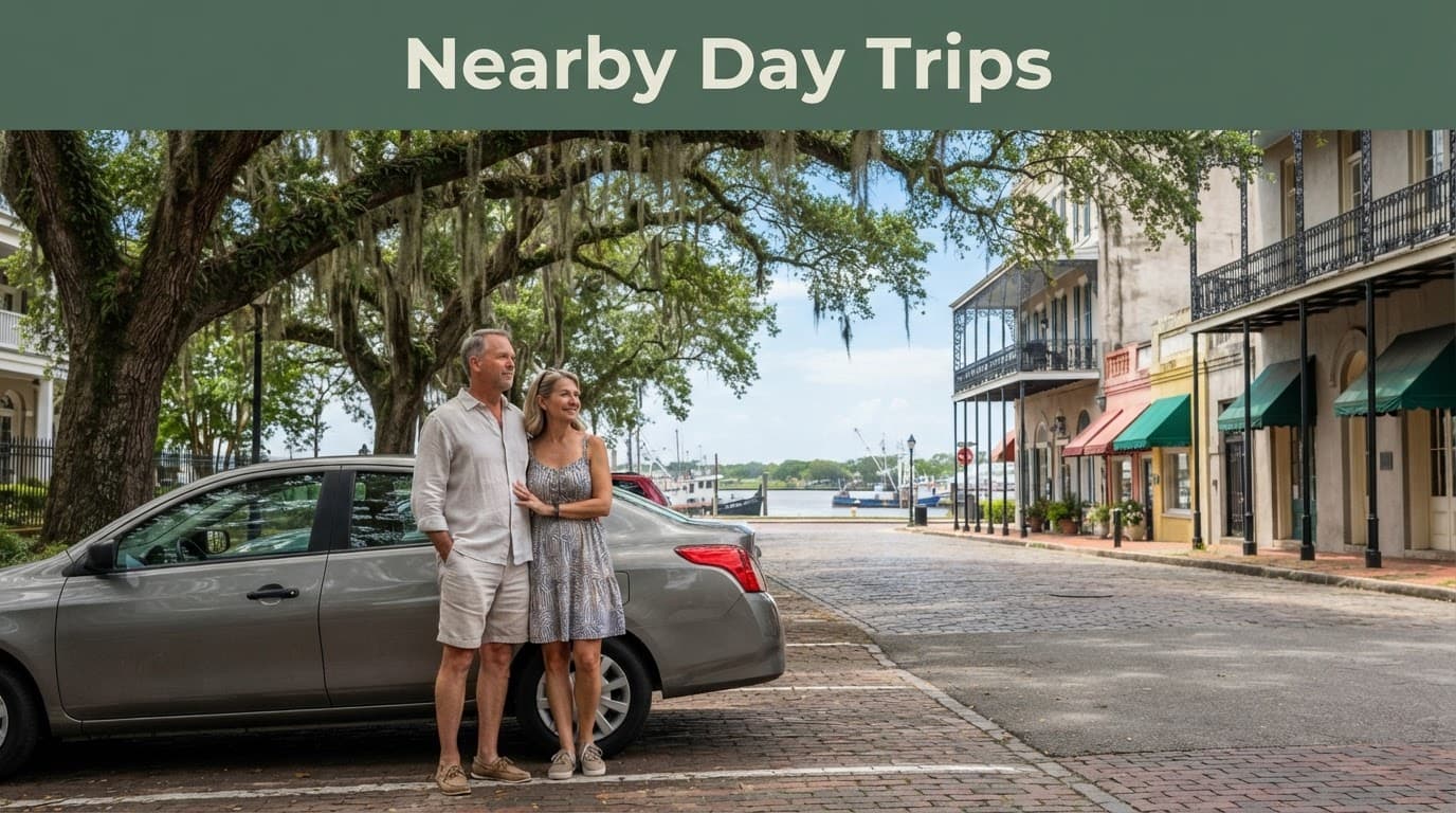Two travelers stand beside a car, facing Mobile's historic waterfront.