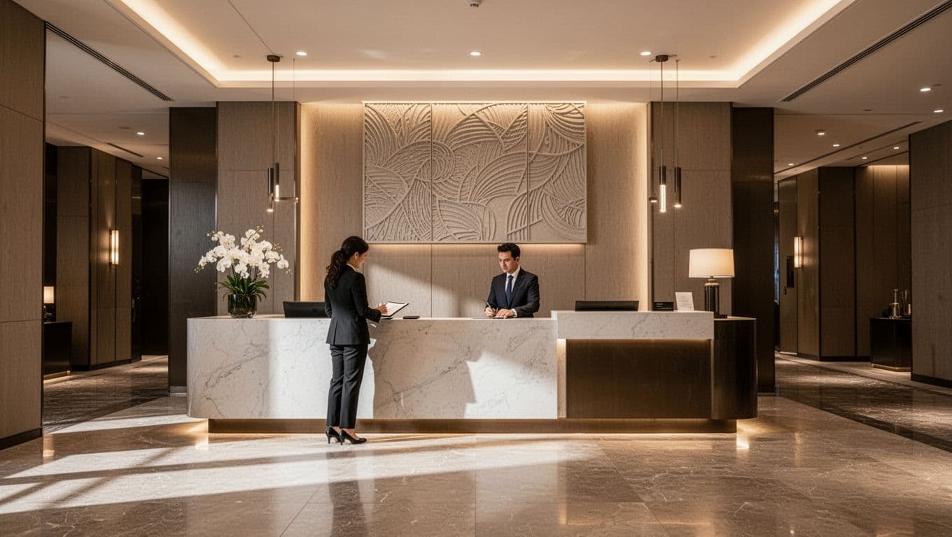 One guest checks in at a modern hotel reception desk under warm lighting.