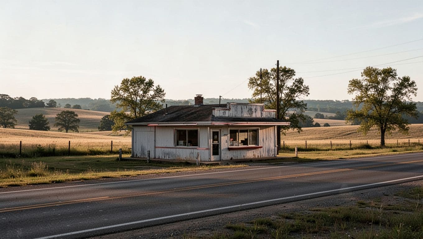 A small diner beside a quiet rural road in Monroe County, Arkansas.