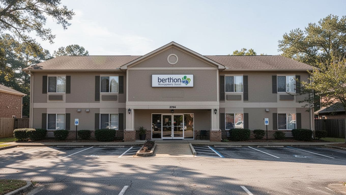 Clean budget hotel exterior with an empty parking lot and a bold 