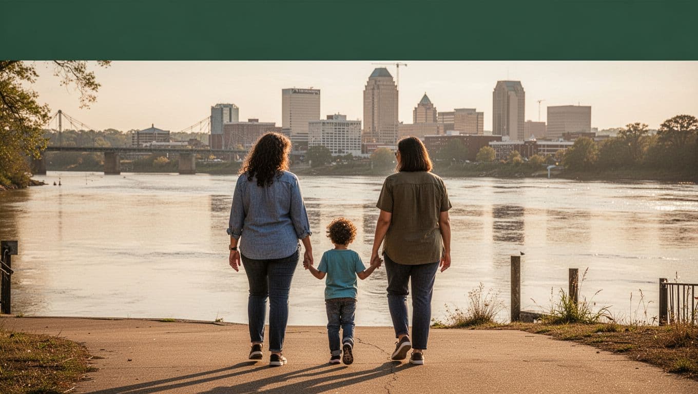 Two adults and a child walk beside the Alabama River near downtown Montgomery.