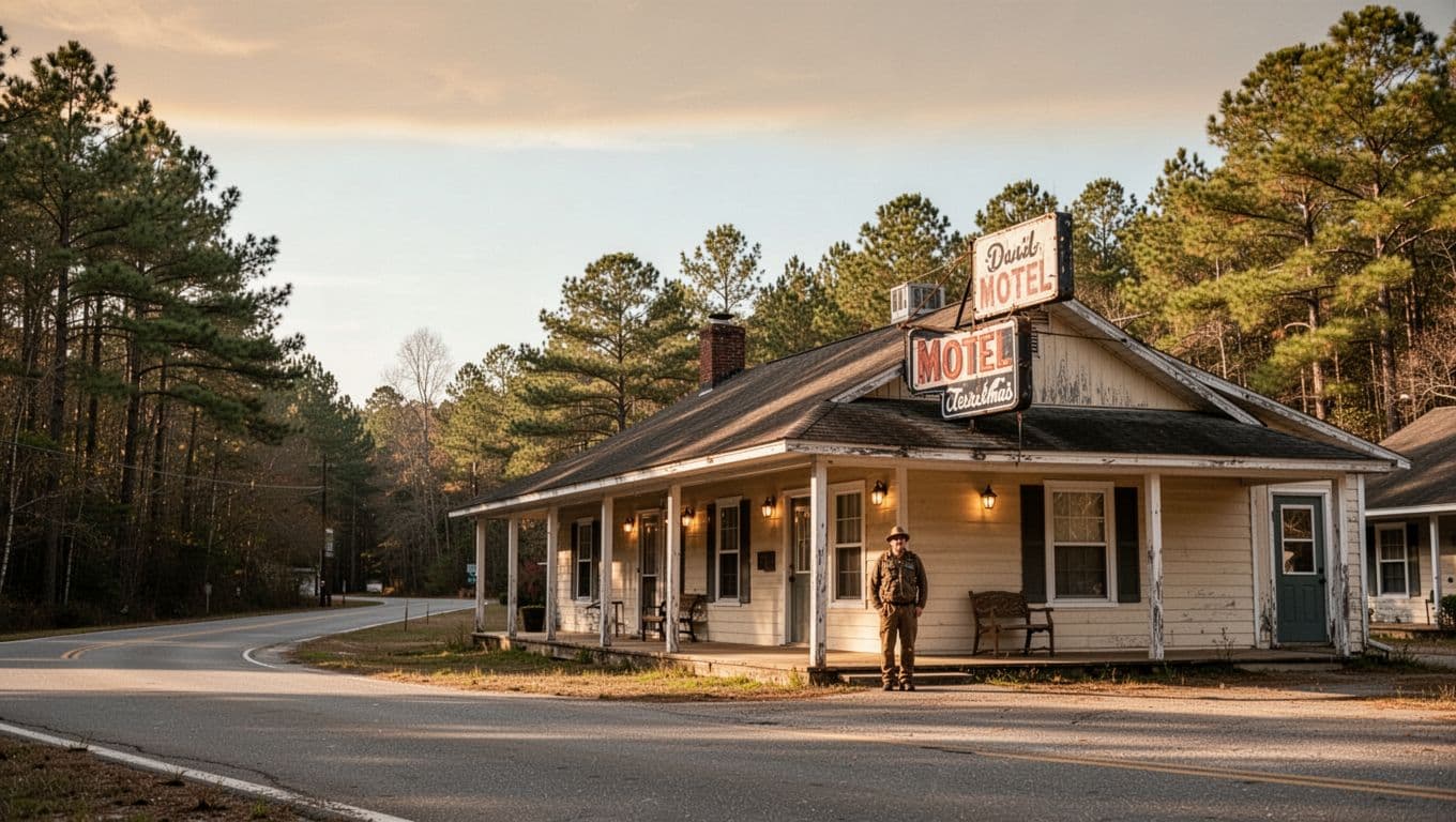 A cozy Alabama motel with parked cars and one person near the entrance.