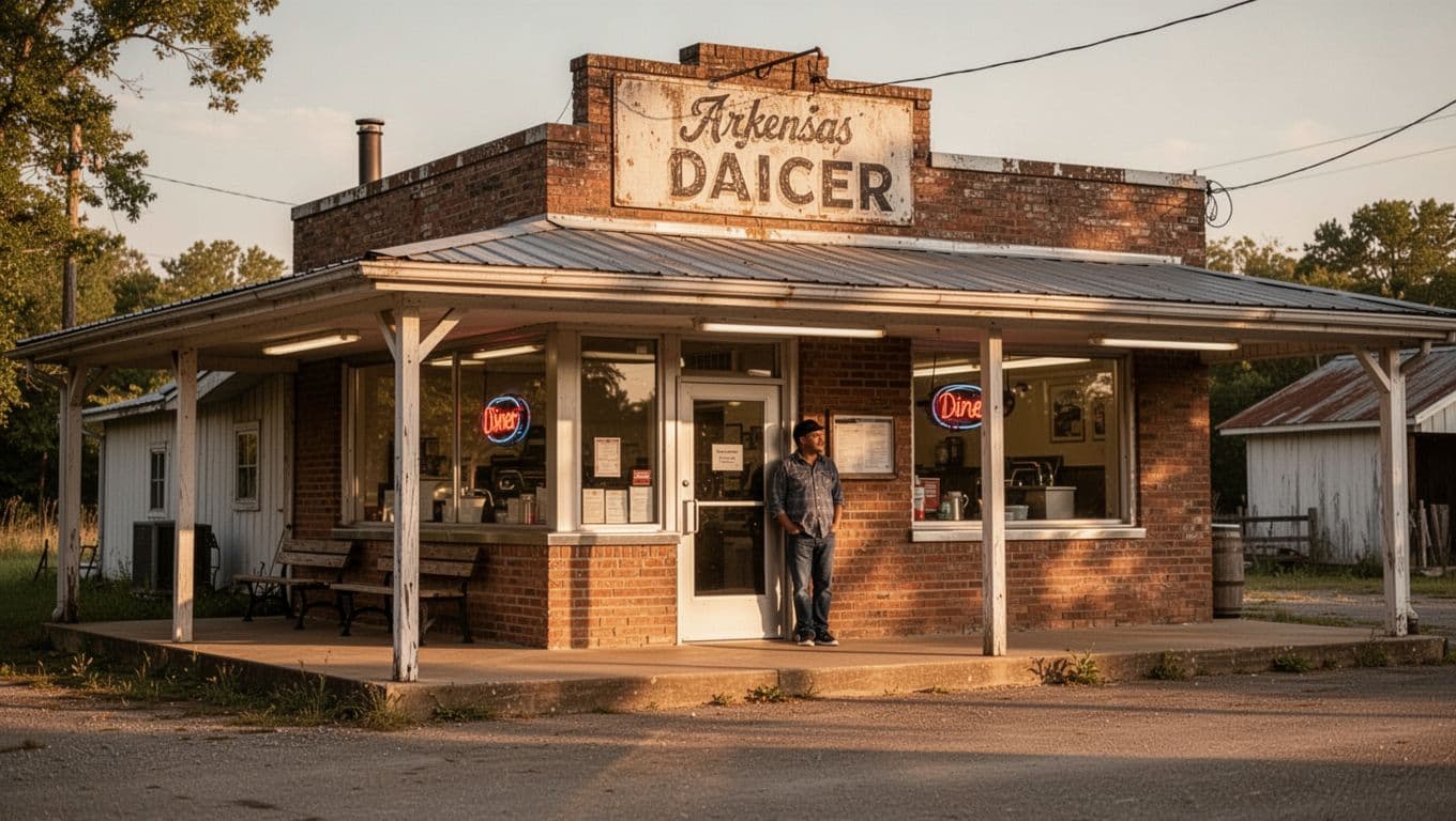 A small Arkansas diner with green trim and one person outside.