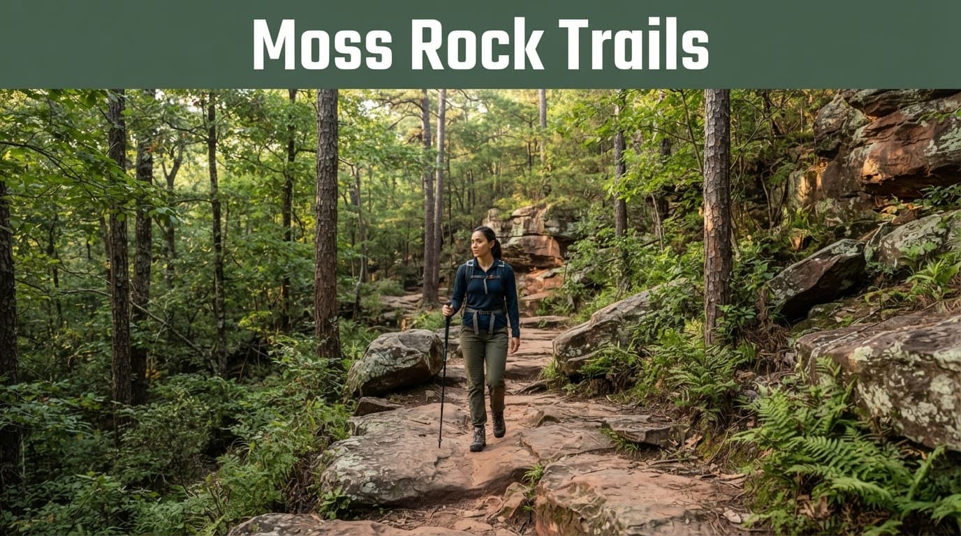 A visitor hiking a sandstone trail among rocks and greenery at Moss Rock Preserve.