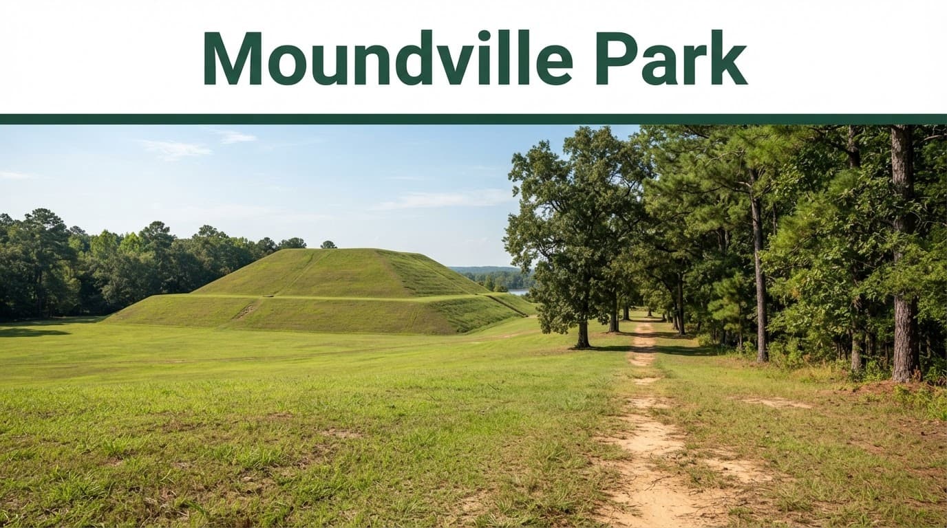 A grassy ceremonial mound and tree-lined path at Moundville Park beneath a headline band.