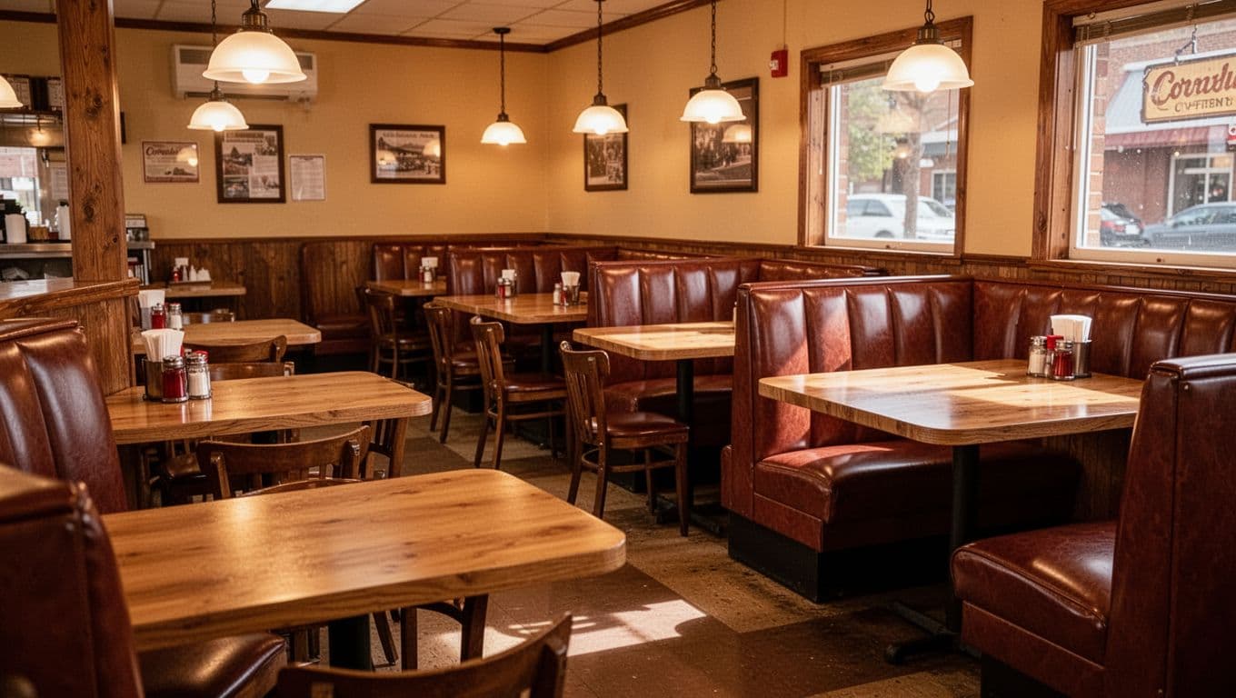 Warmly lit small-town diner with wooden tables, classic booths, and a headline band above.
