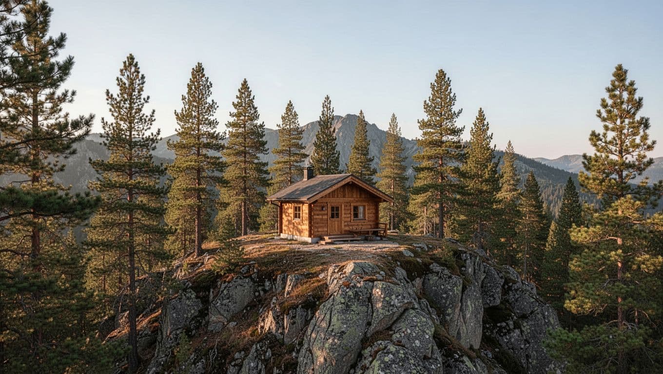 A wooden cabin among pine trees on a mountain ridge beneath a Mountain Cabins banner.