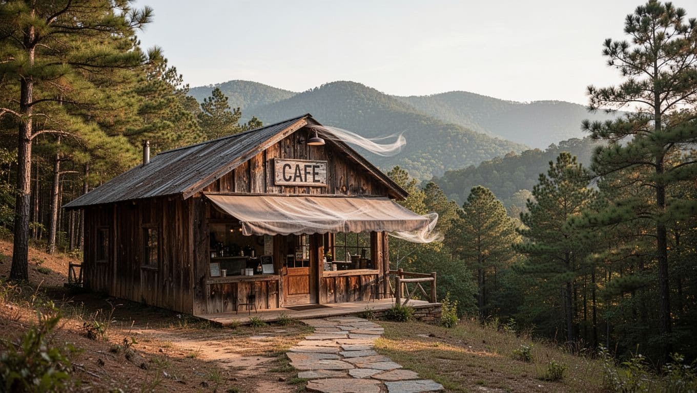 Rustic cafe near a mountain road with wooded hills in Arkansas.