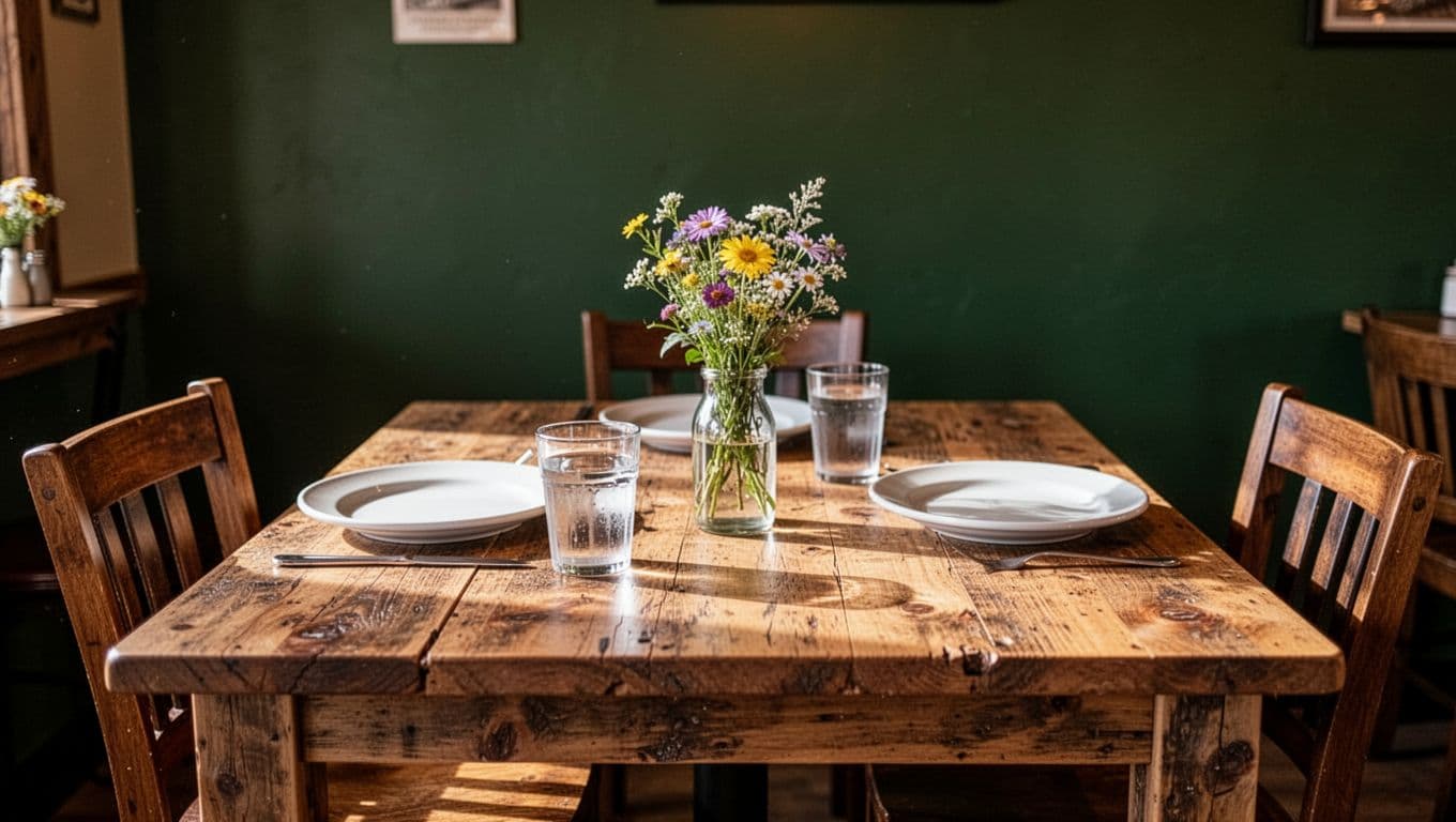A set restaurant table beneath a dark-green Local Eats banner.
