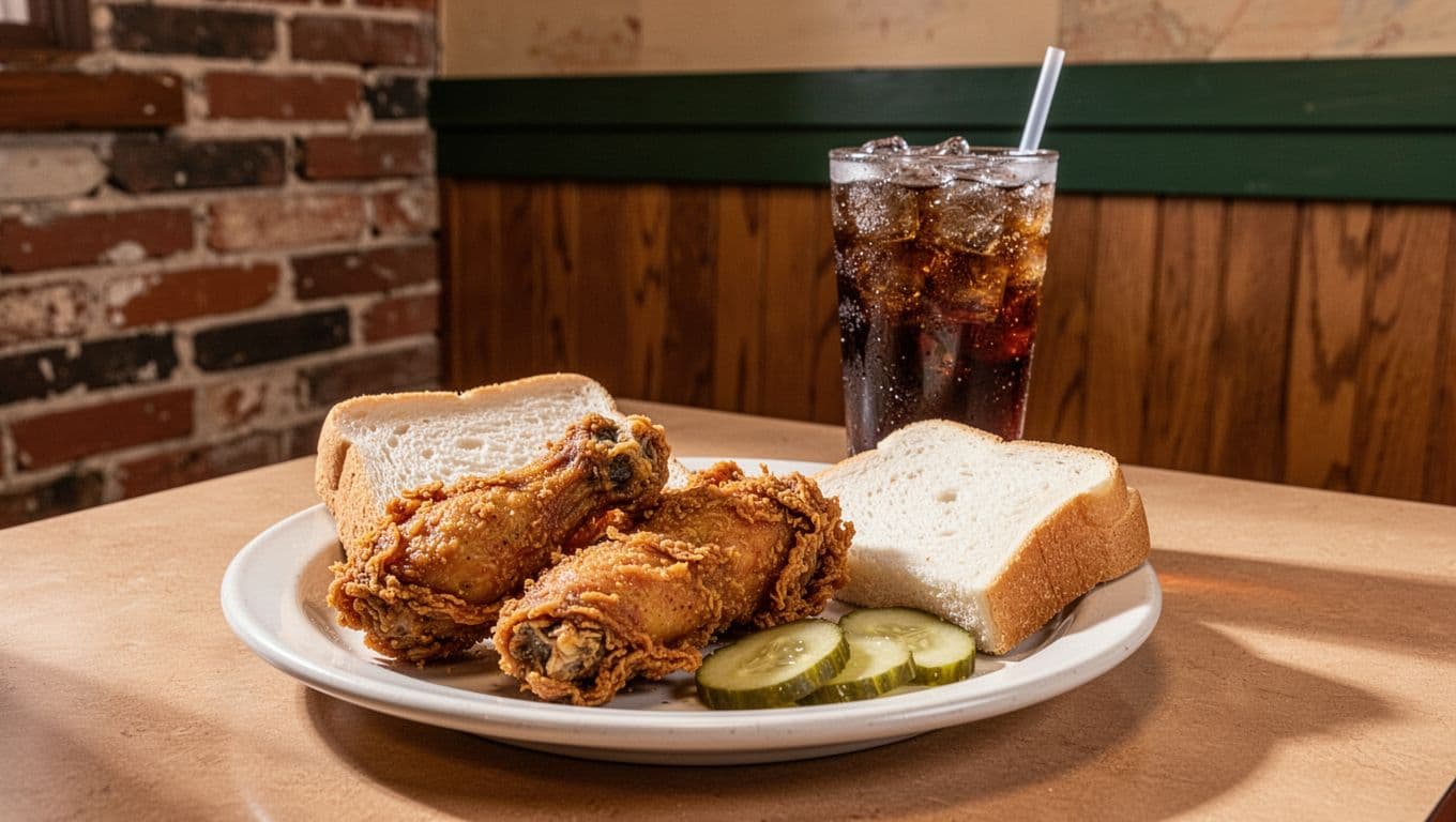 Fried chicken with bread, pickles, and a soft drink on a diner table.