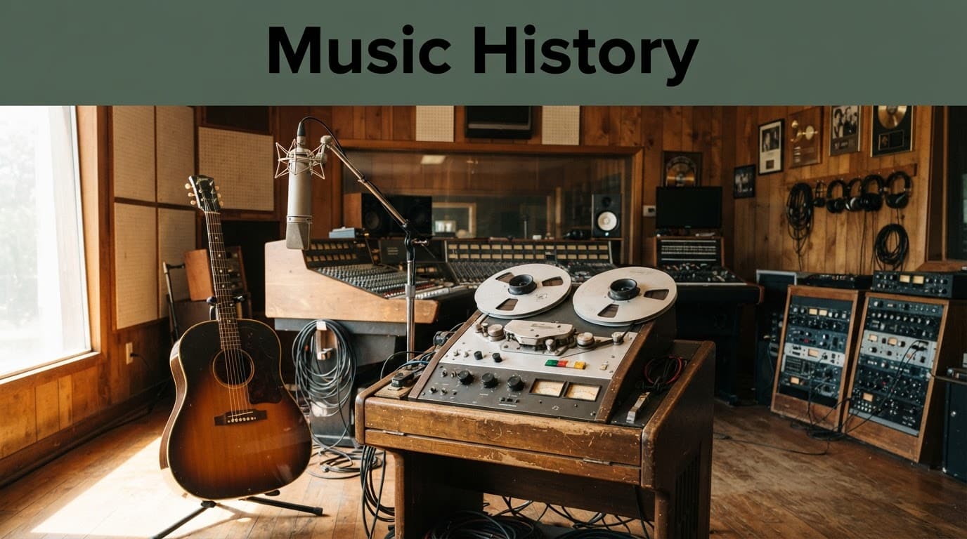 Vintage tape machine, microphone, and guitar fill a warm wood recording studio.
