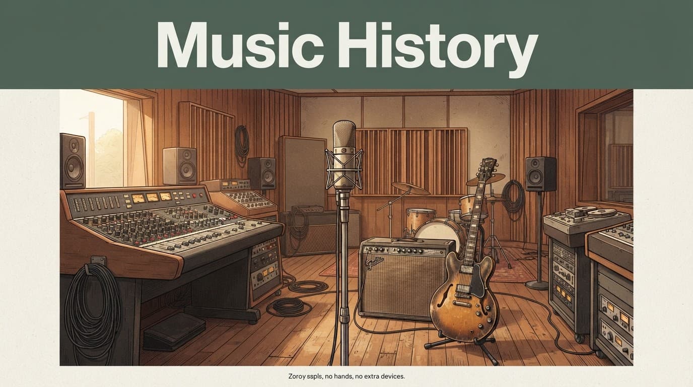 A vintage microphone, mixing console, and guitar in a warm wood-paneled studio.