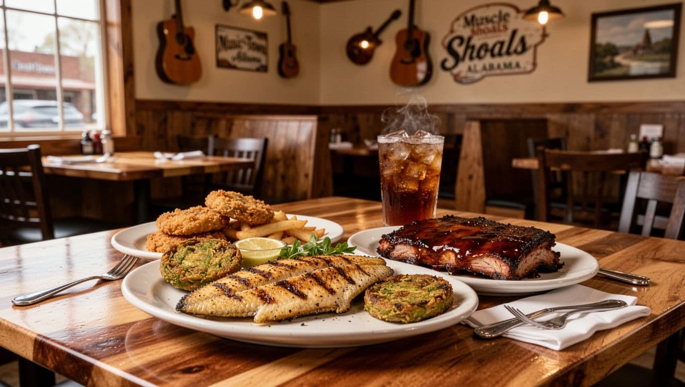 Southern meal with catfish, barbecue, fried green tomatoes, and iced tea on a wooden table.