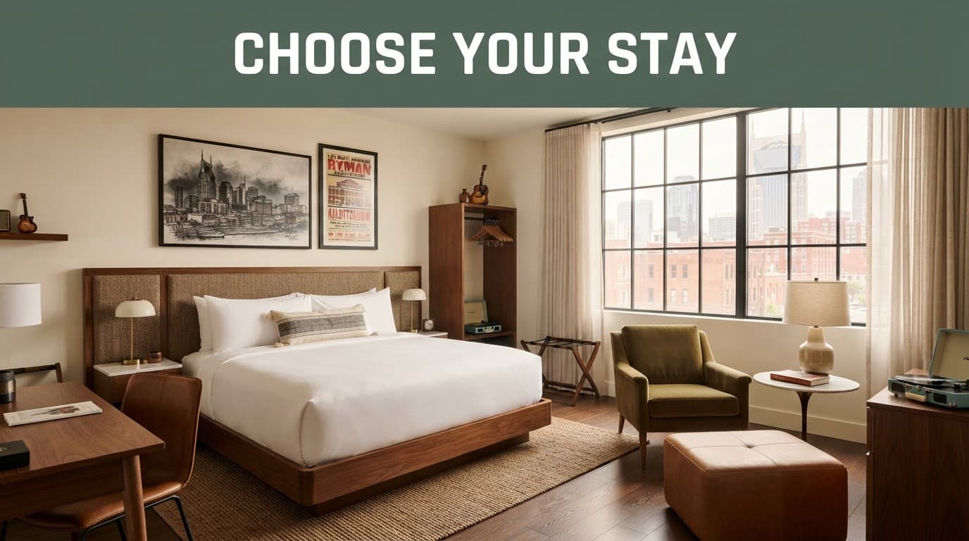 A warm Nashville hotel room with a made bed, artwork, seating, and a city view.