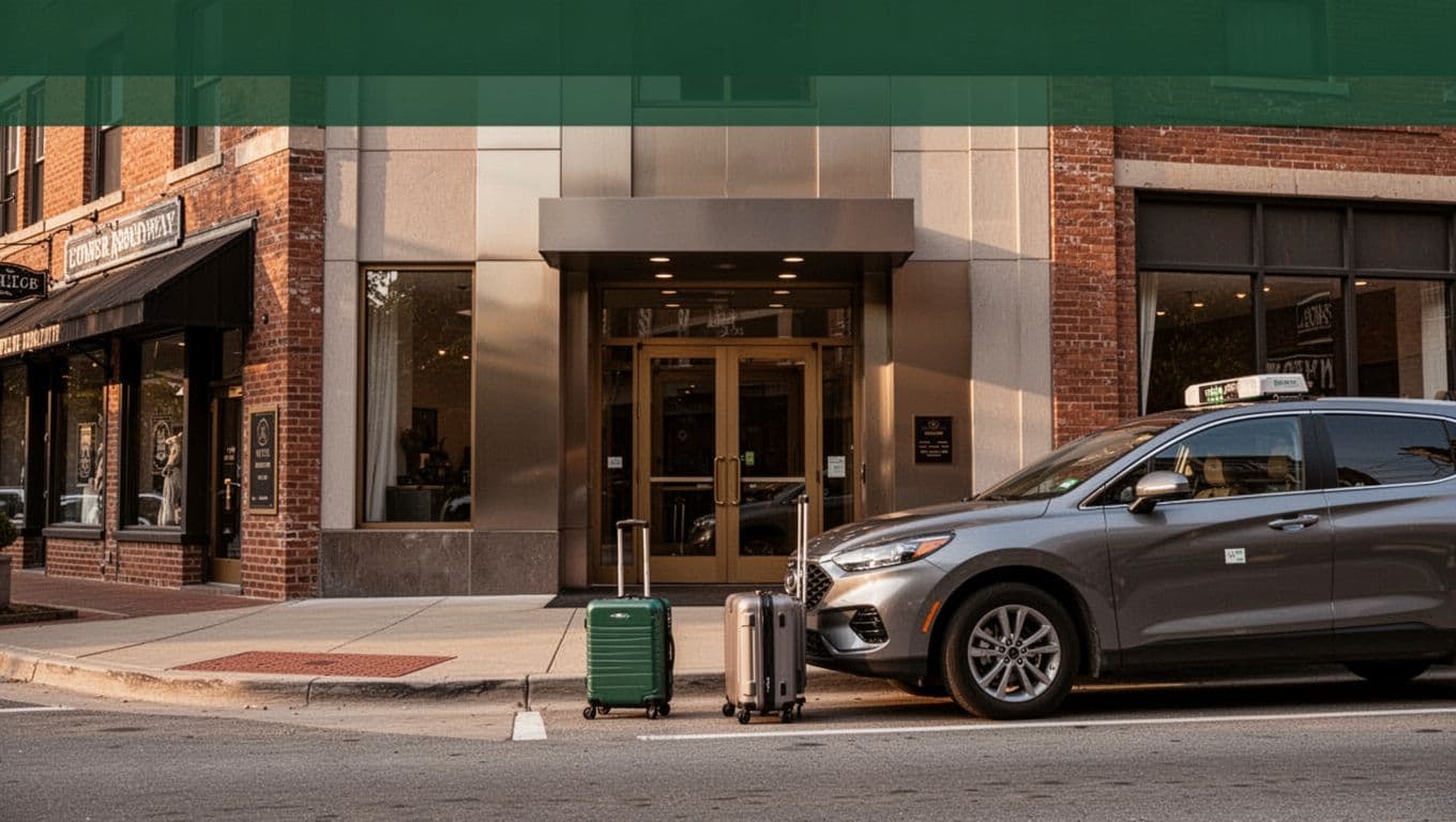 A suitcase beside a hotel entrance with a rideshare car at the curb.
