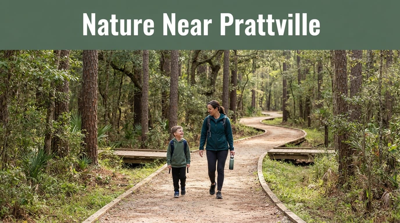 An adult and child walk a forest trail beside a small boardwalk.
