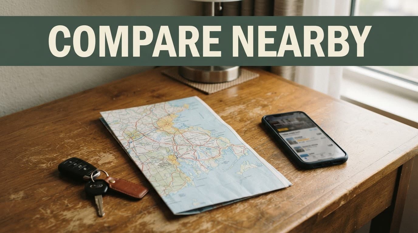 A folded map, car keys, and phone arranged on a desk for hotel planning.