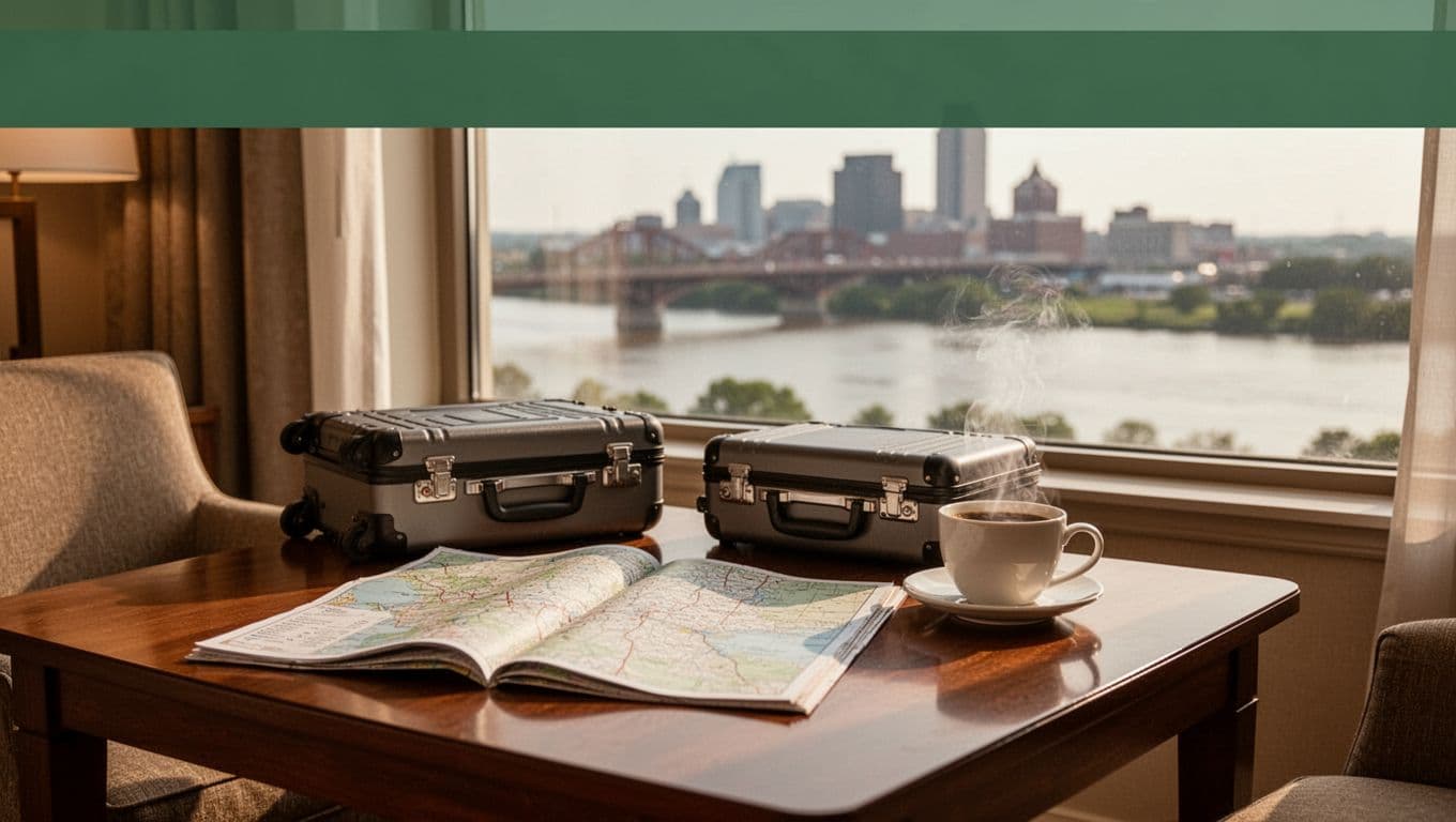 Open map, small suitcase, and coffee on a hotel table by a window.