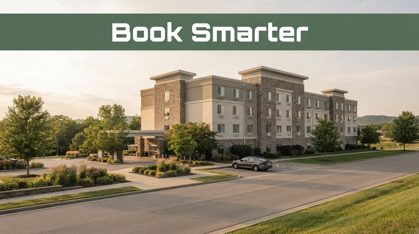 Modern hotel beside a quiet road with one car and a landscaped entrance.