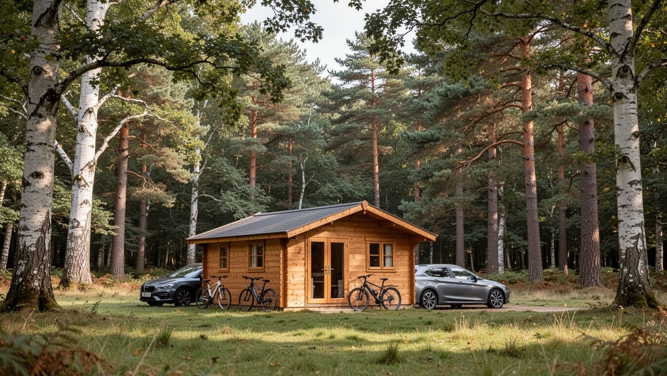 A wooden cabin beside a forest clearing with a car and two bicycles.