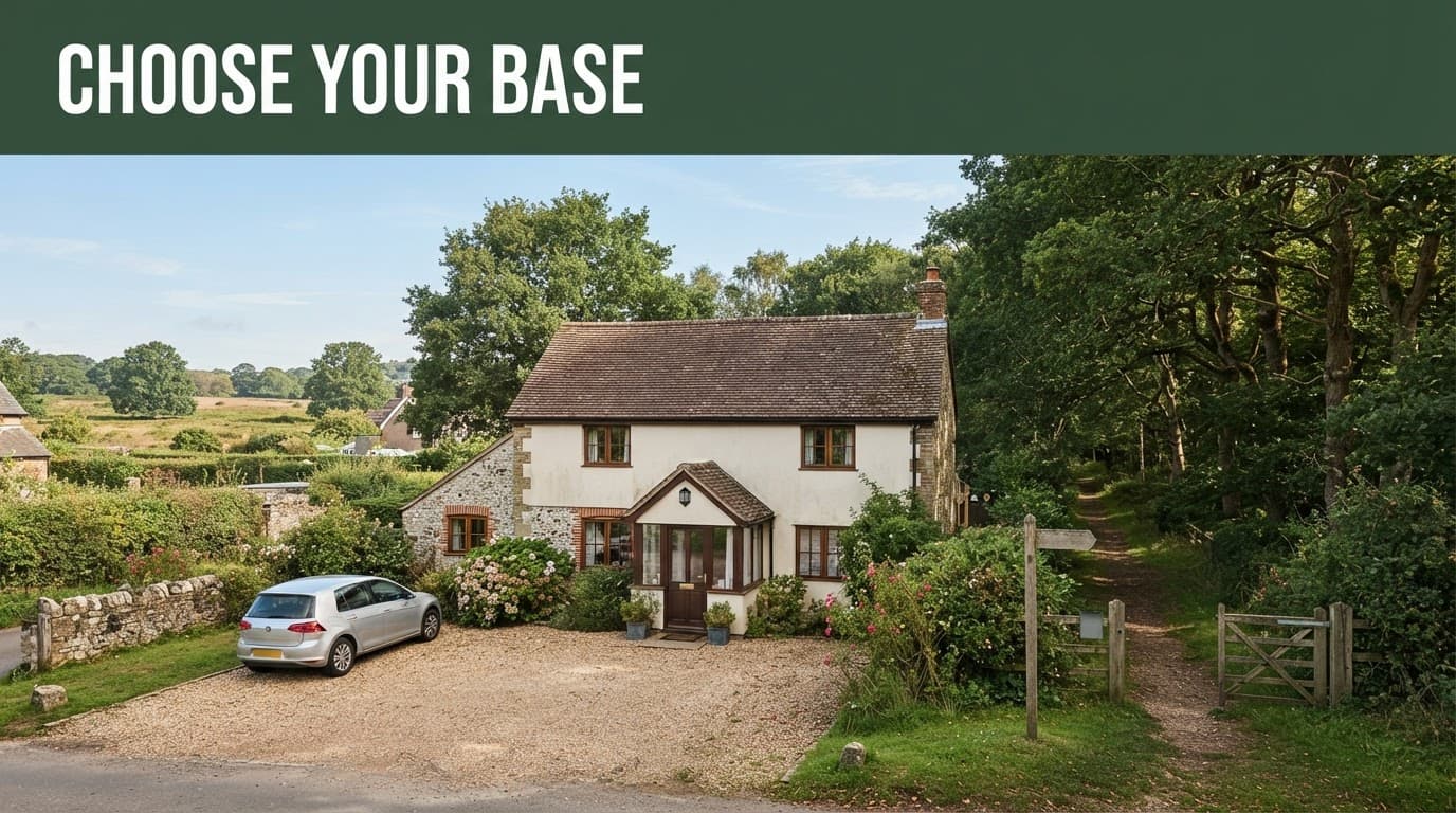 A guesthouse and parked car beside a footpath leading into New Forest woodland.