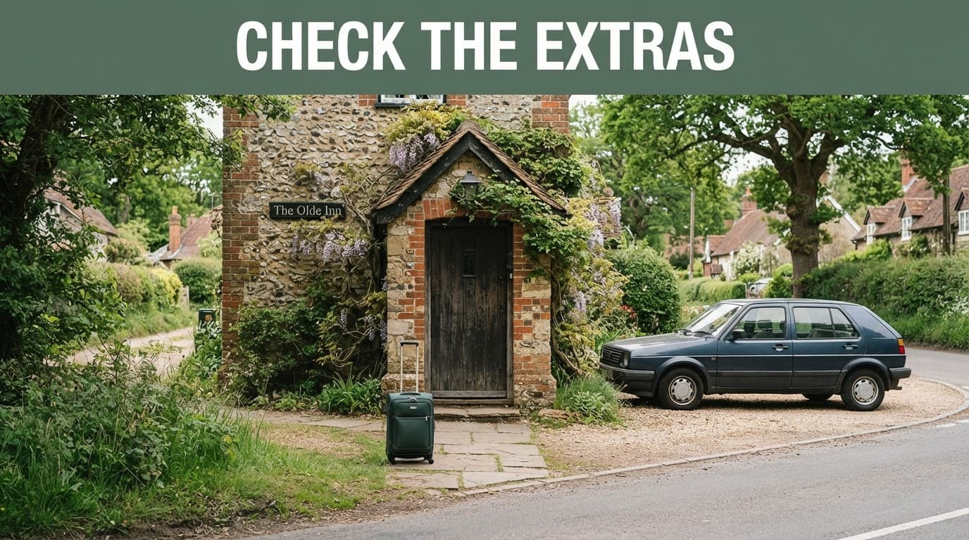 A suitcase beside a guesthouse entrance and parked car on a leafy village road.