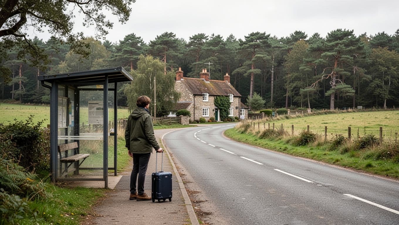 Traveler with a suitcase beside a New Forest road, bus stop, inn, and woodland.