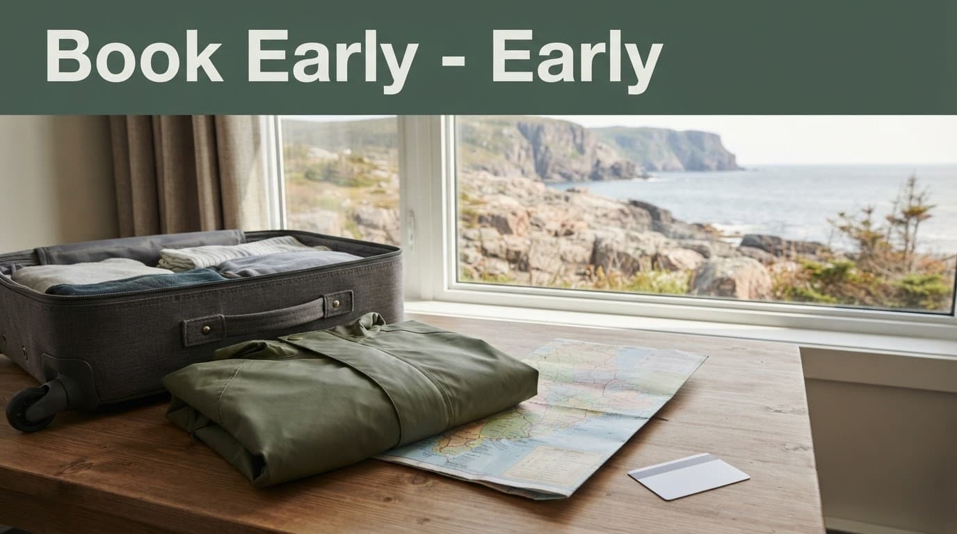 Open suitcase and travel items on a wooden table overlooking the rocky Newfoundland coast.
