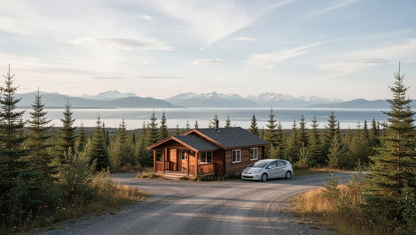 A small lodge cabin and rental car beside a gravel road in wooded Alaska.