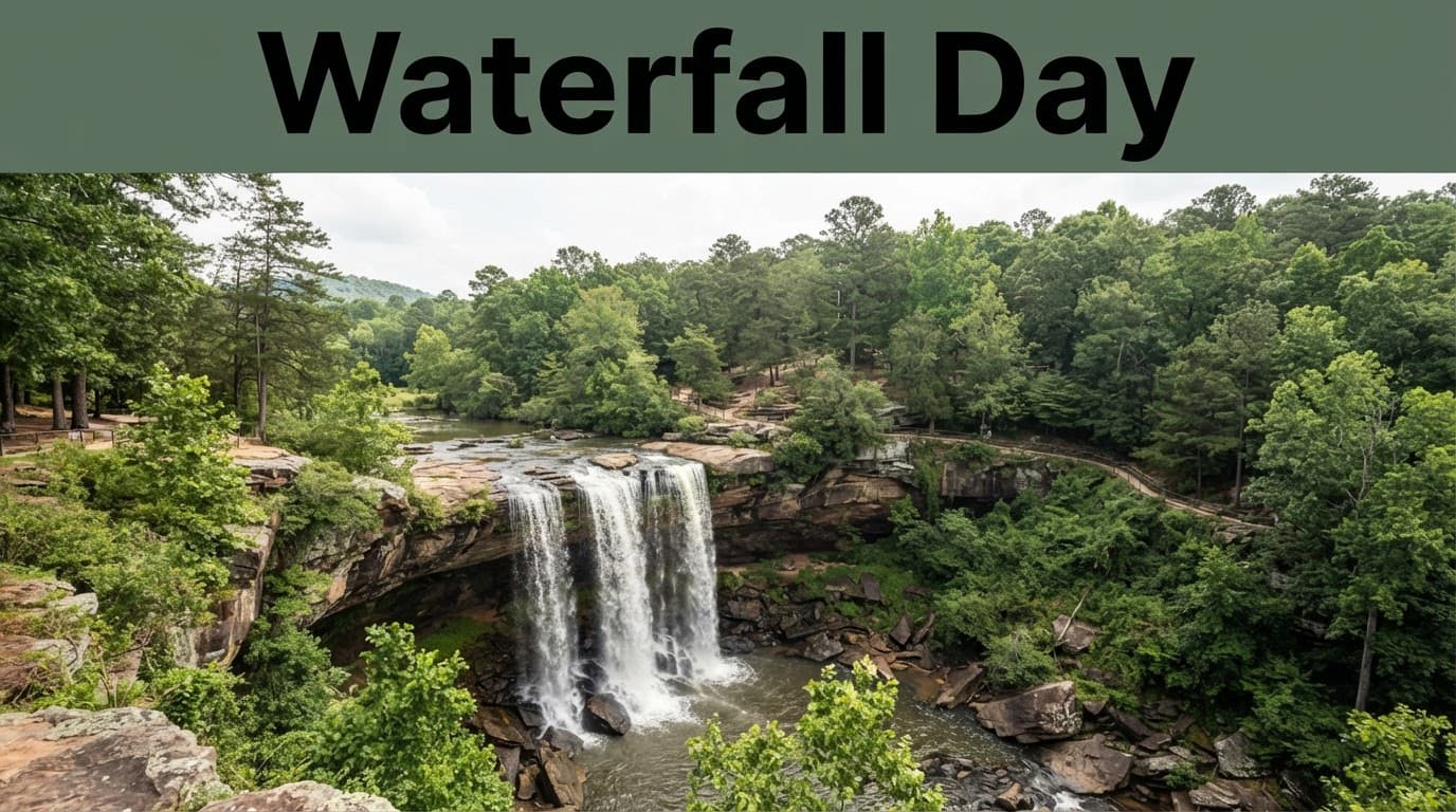 Noccalula Falls descends into a wooded gorge below green foothills.