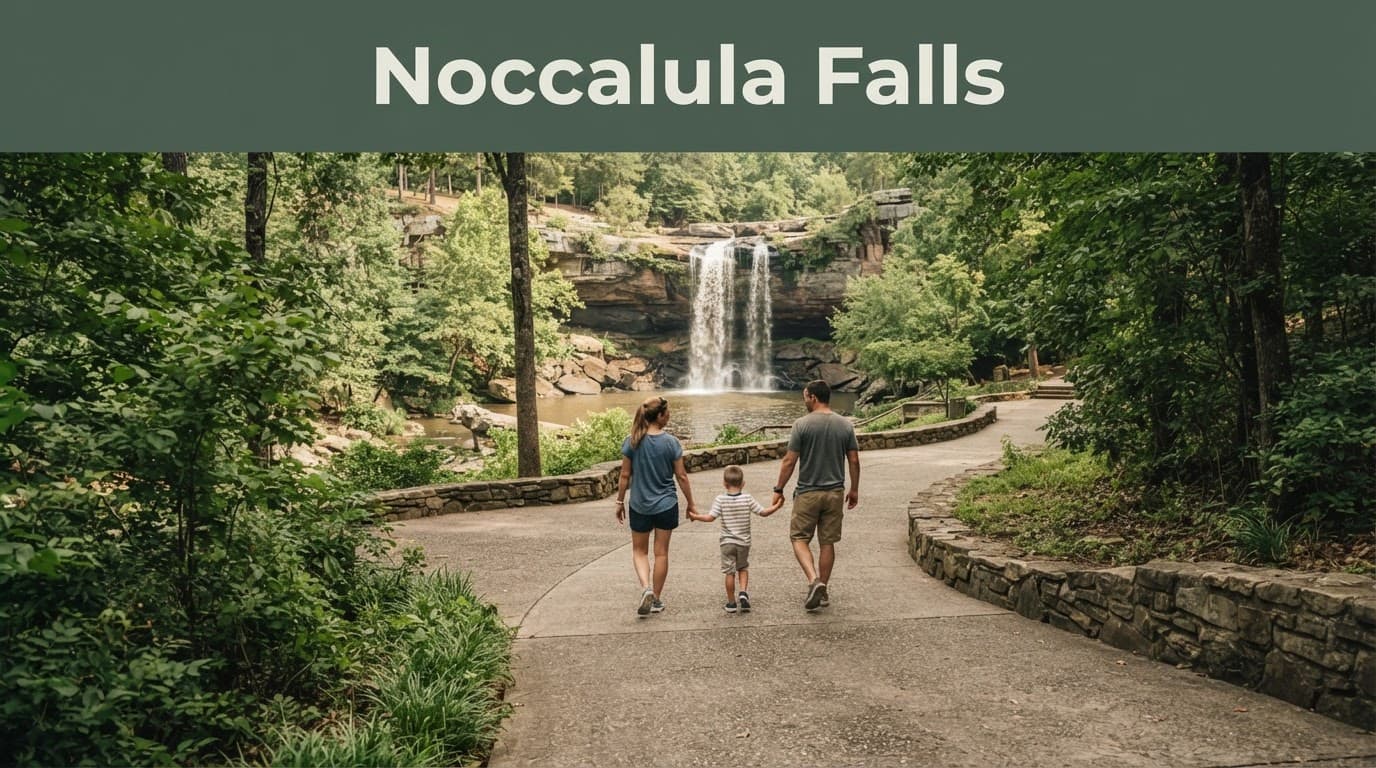 Two adults and a child walk toward a waterfall on a park path.