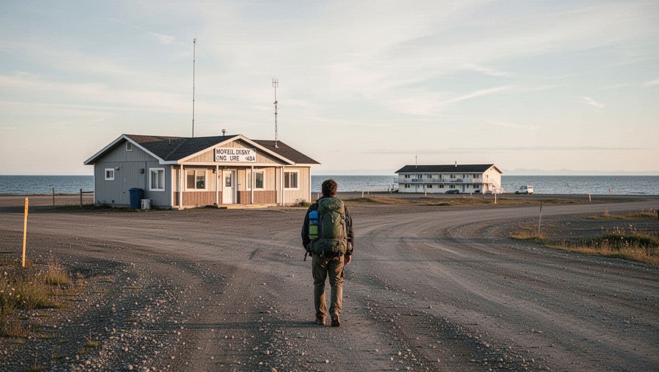 A backpacker stands beside a small airport terminal in Nome, Alaska.