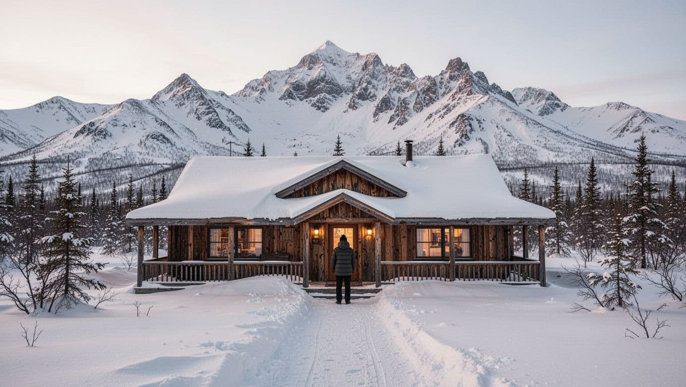 A snowy lodge with one person, mountains, and a Nome Stays headline band.