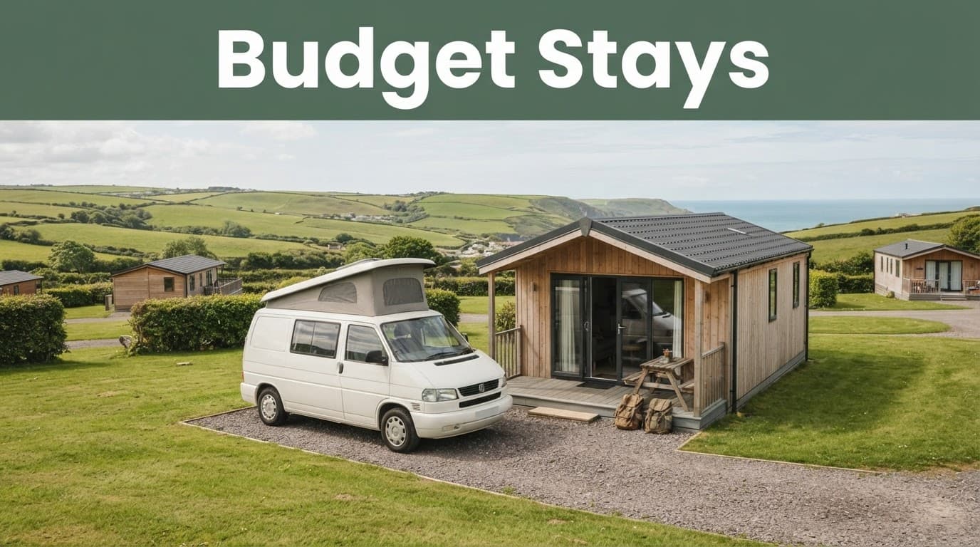 A campervan and lodge beside a table and two backpacks in the countryside.