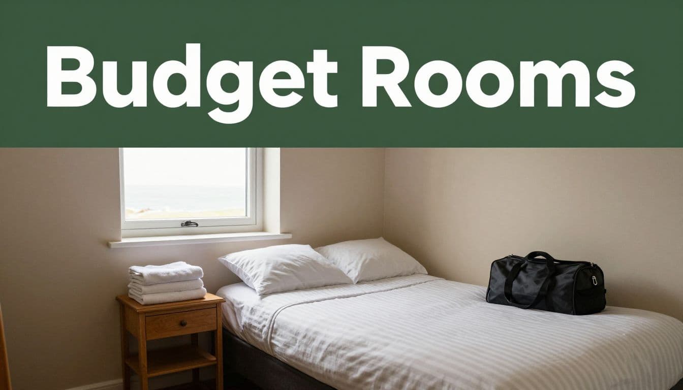 A clean guesthouse room with a made bed, towels, and a small travel bag.