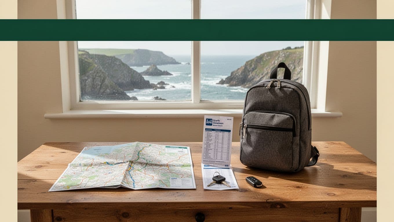 A map, bus timetable, car key, and backpack on a table overlooking the coast.