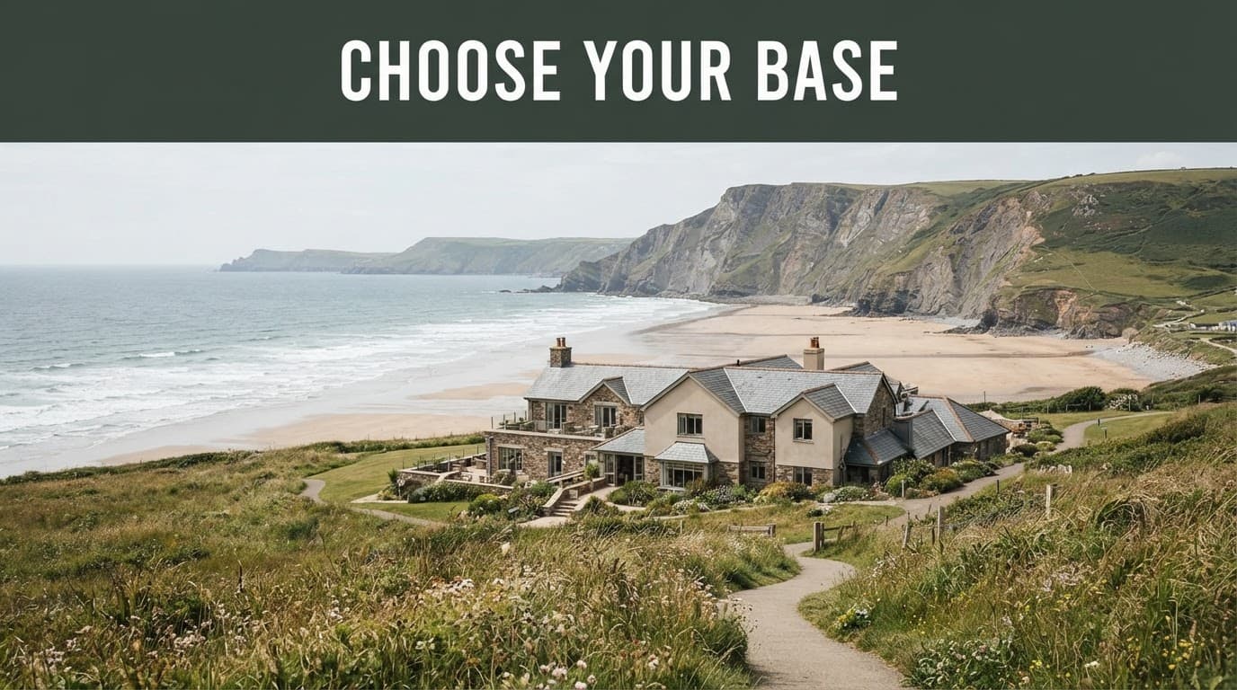 A small hotel overlooks a sandy beach, rugged cliffs, and a coastal walking path.