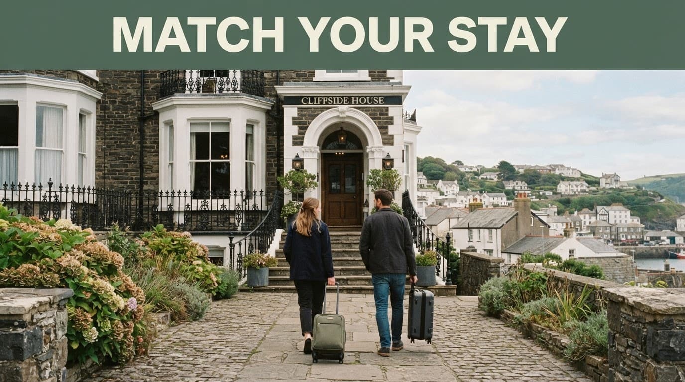 A couple with two suitcases arrives at a stone seaside hotel in Ilfracombe.
