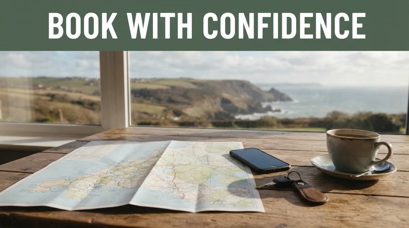 A map, face-down phone, car keys, and coffee sit on a table overlooking the coast.