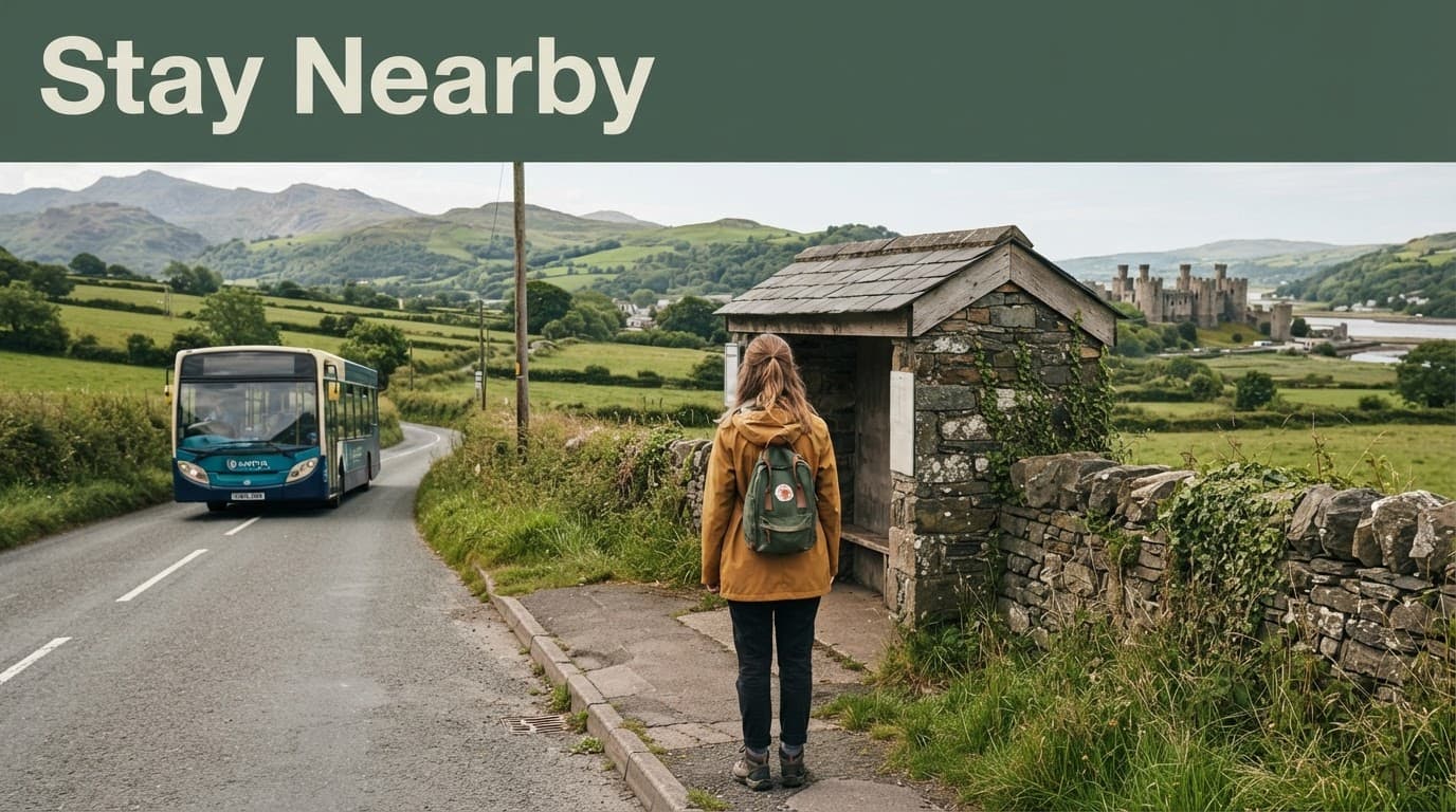 A backpacker waits beside a bus stop with hills and Conwy Castle beyond.