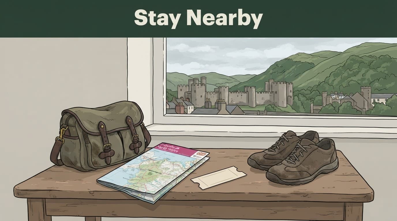 An overnight bag, map, ticket, and shoes sit before Conwy's green hills.