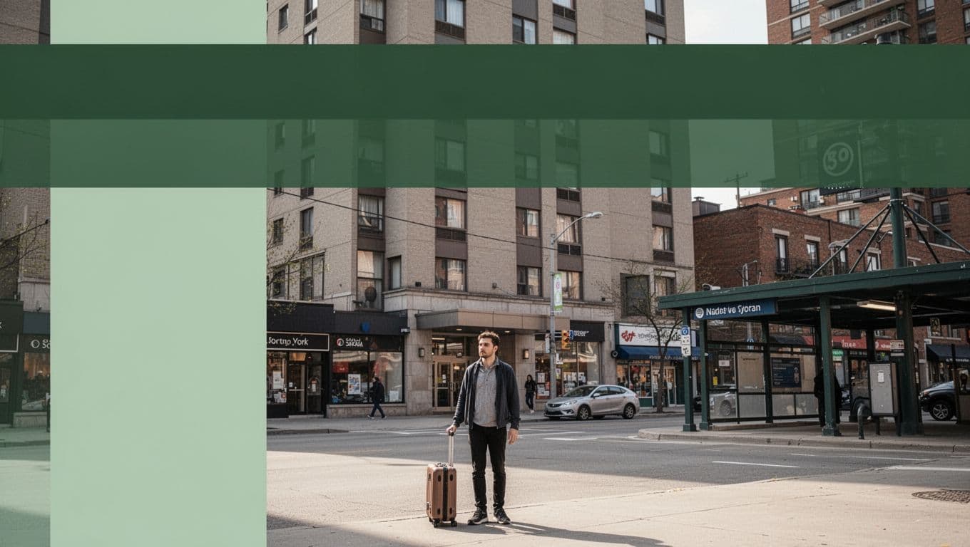 A traveler with one suitcase stands outside a mid-rise hotel near a subway station.