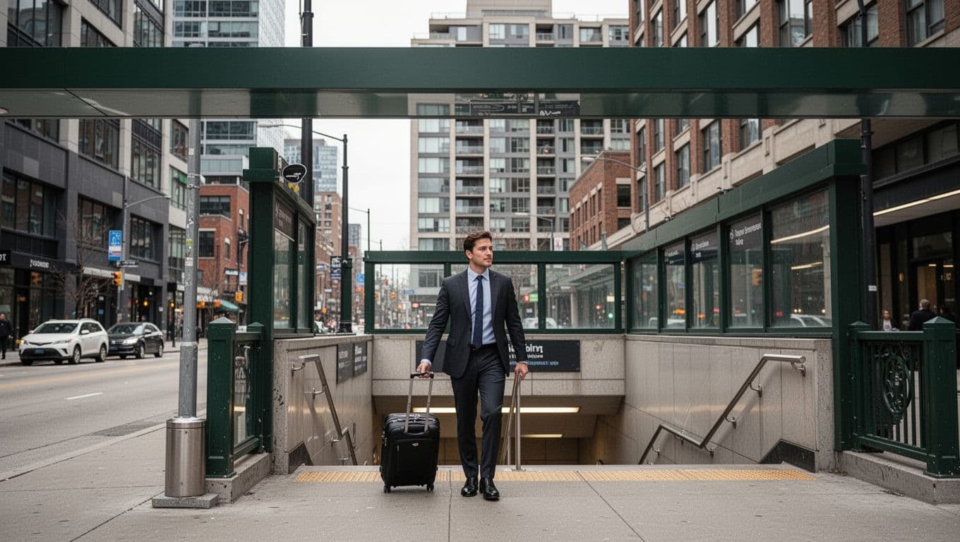 A business traveler with one carry-on walks beside a North York subway entrance.