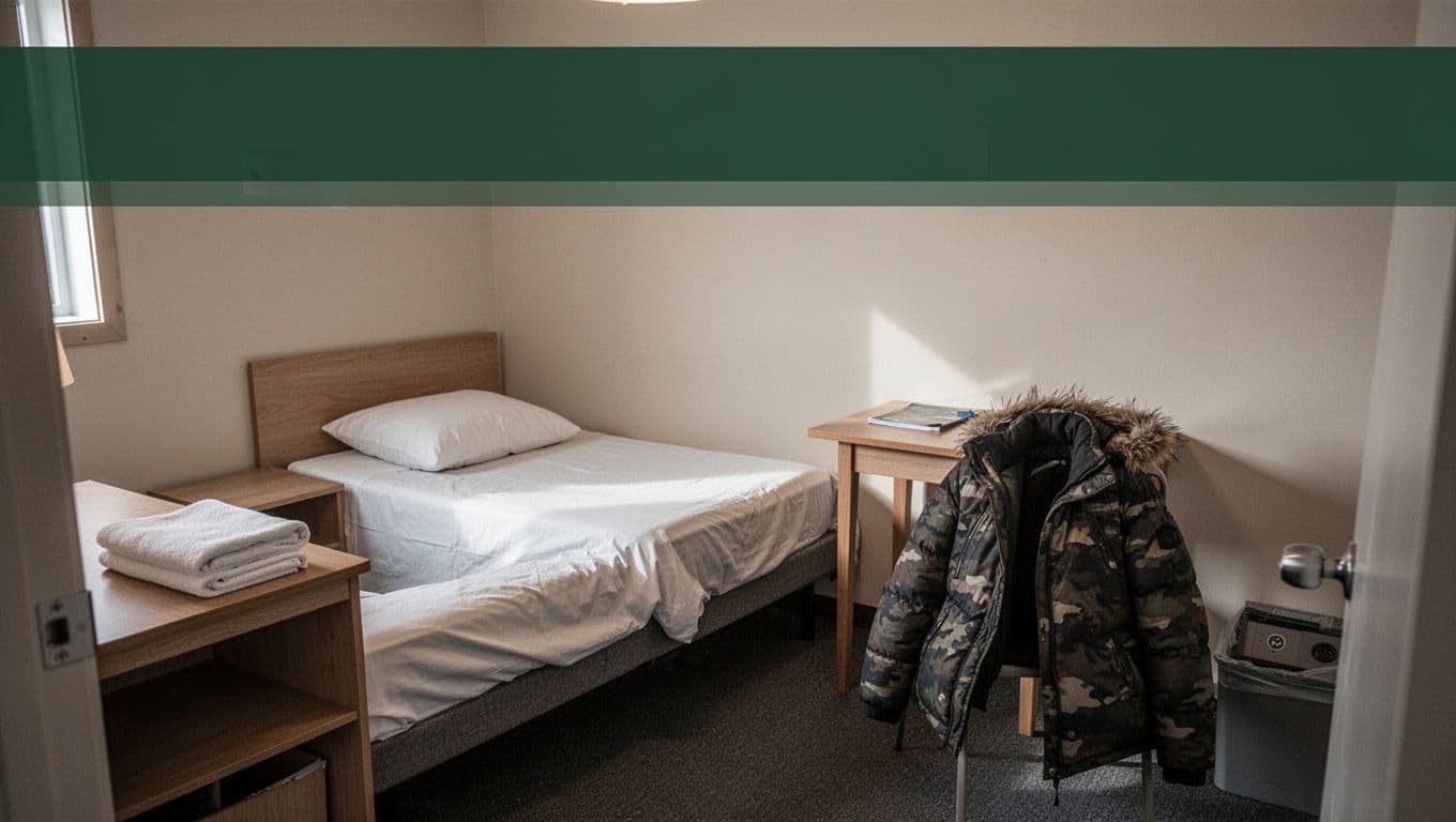 A simple hotel room with one bed, desk, folded towel, and winter jacket beneath a green headline band.