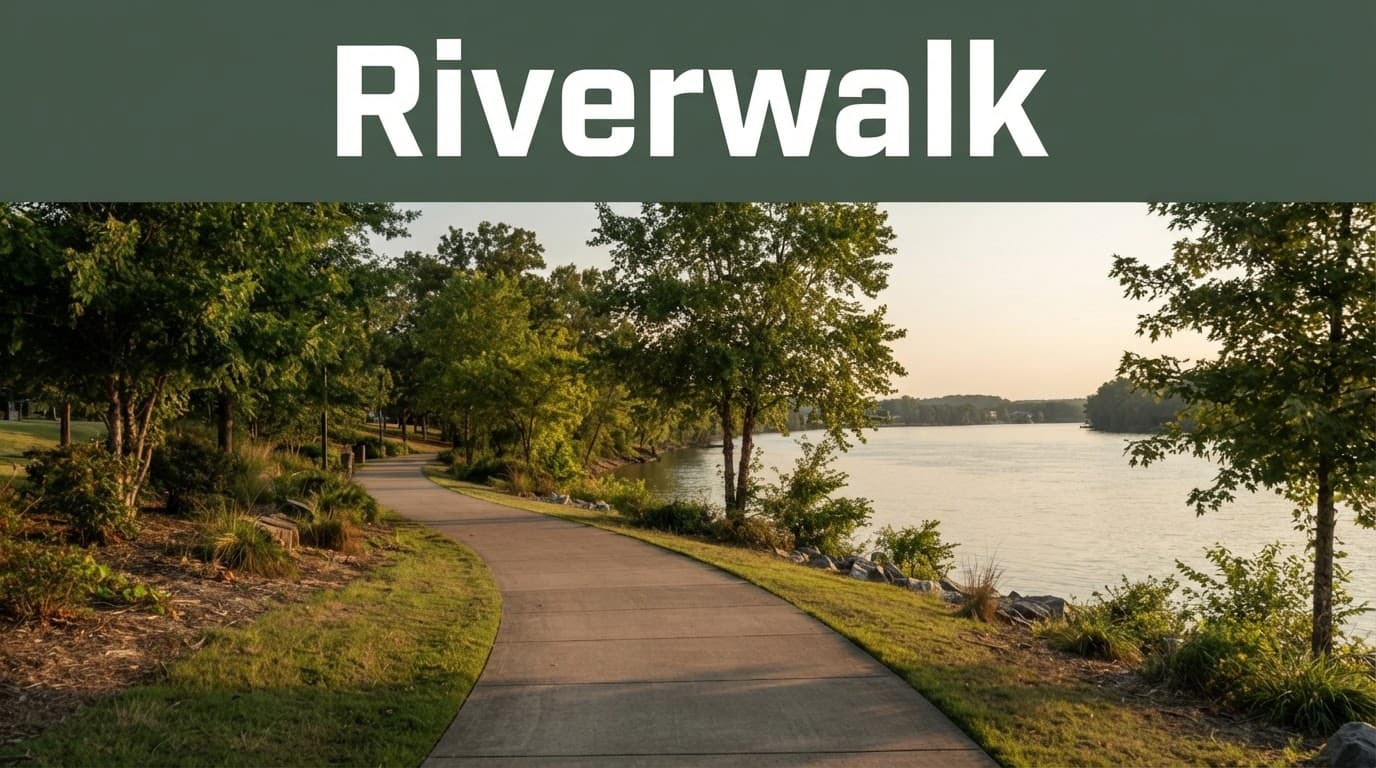 A paved riverwalk curves beside the Black Warrior River under green trees.