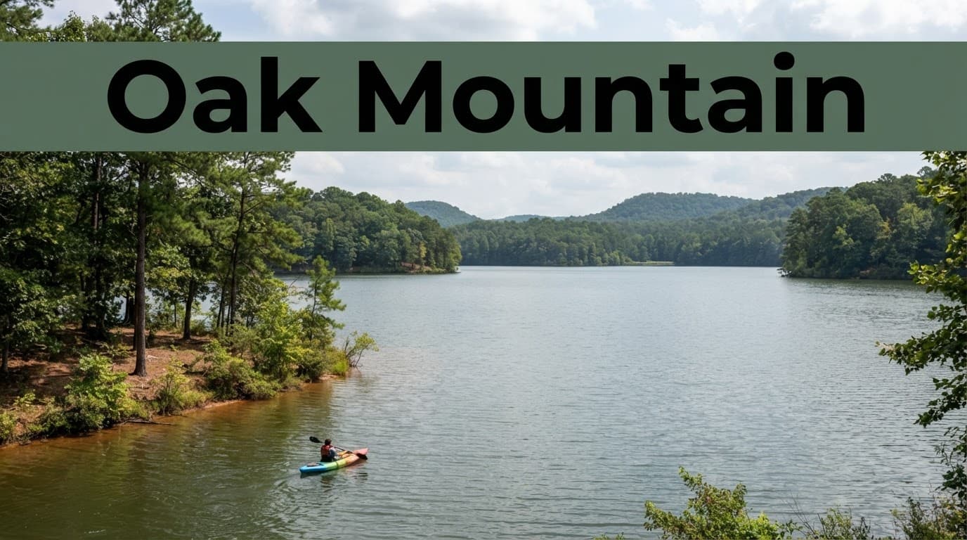 A calm lake with wooded hills and a small kayak at the shoreline.