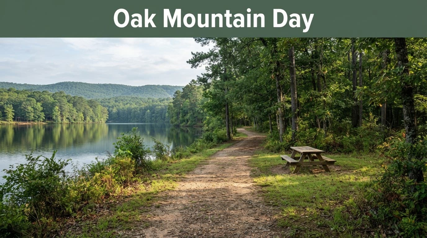 A forest trail beside a calm lake with a picnic table and wooded ridge.
