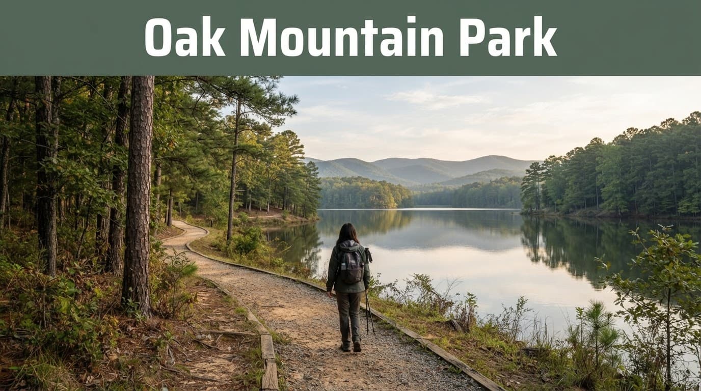 A lone hiker beside a wooded trail overlooking a lake and distant foothills.