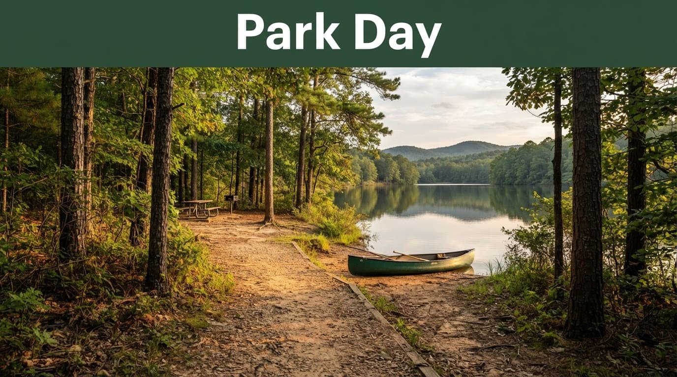 A wooded park trail leads to a calm lake beside a single empty canoe.