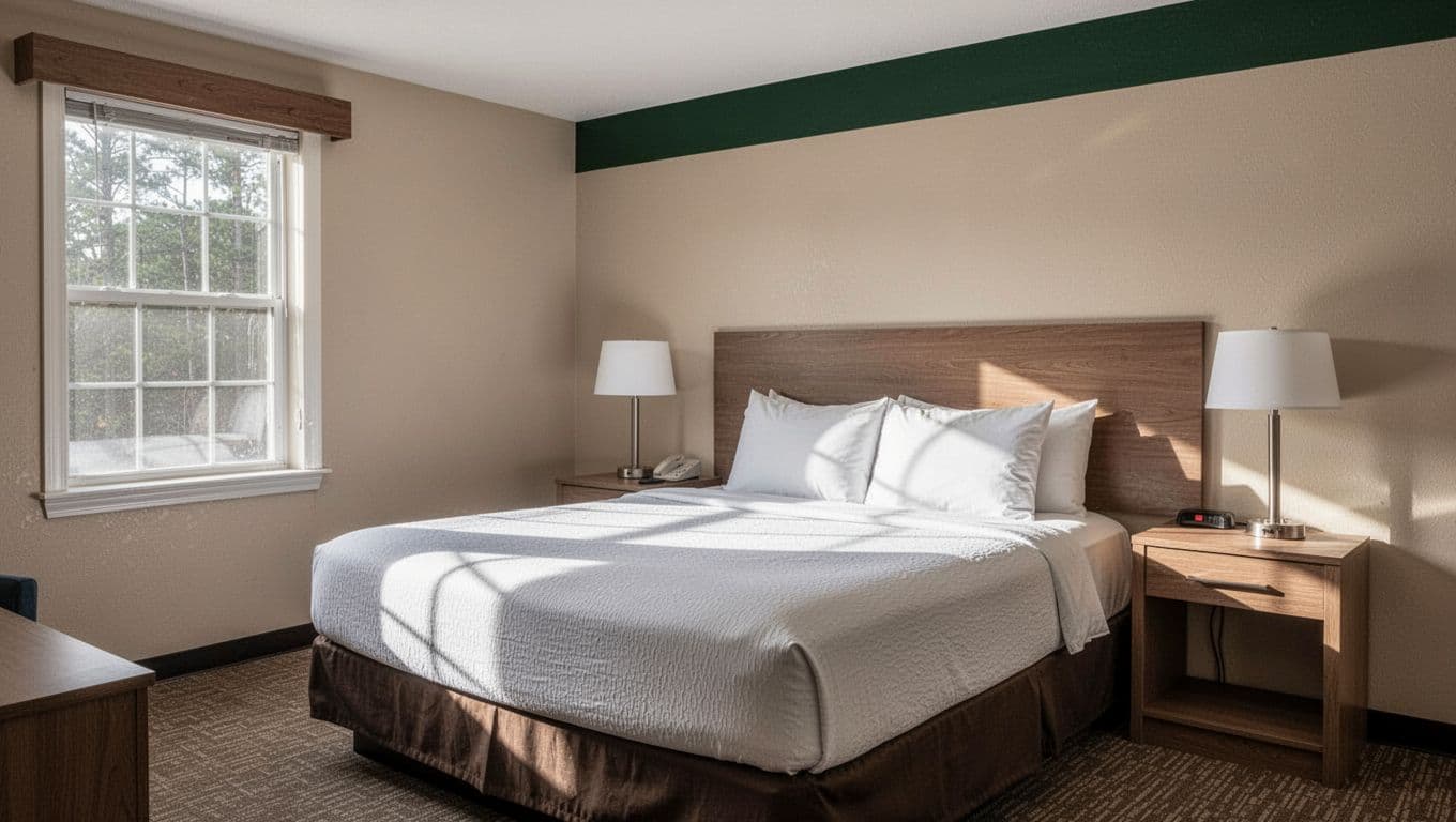 A tidy hotel room with a made bed, neutral decor, and a green Local Value banner.